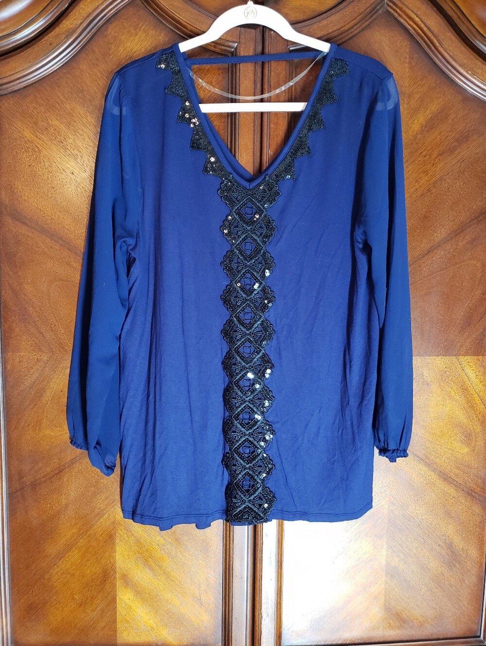 Embellished V-Neck Long Sleeve Women's Top - Navy